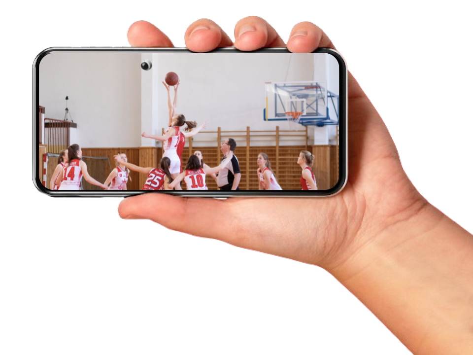 A hand holding a phone showing a live GameTap Now camera stream of a basketball game