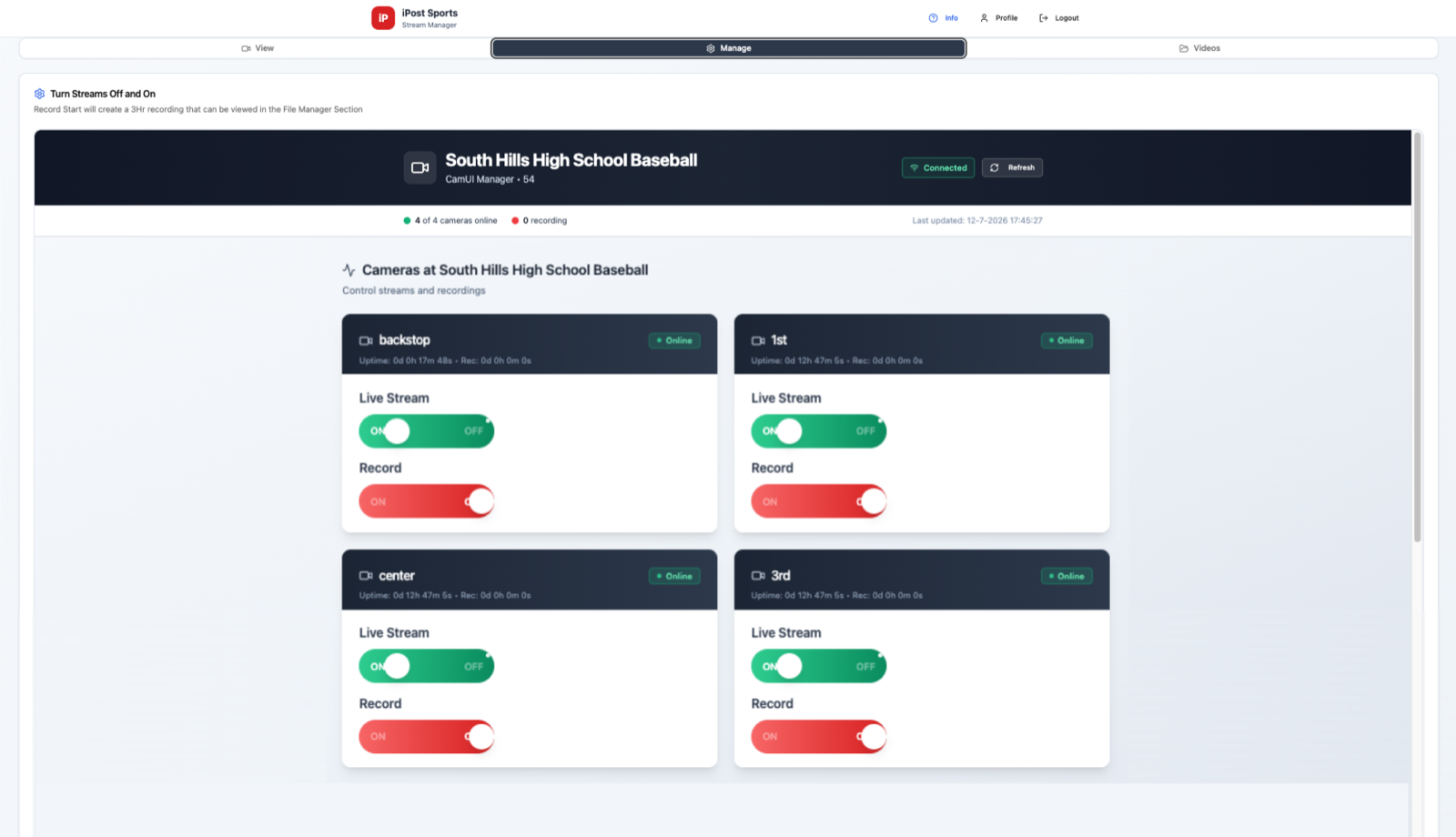 Stream Manager Manage tab: Live Stream and Record toggles for the backstop, 1st, center, and 3rd cameras at South Hills High School Baseball