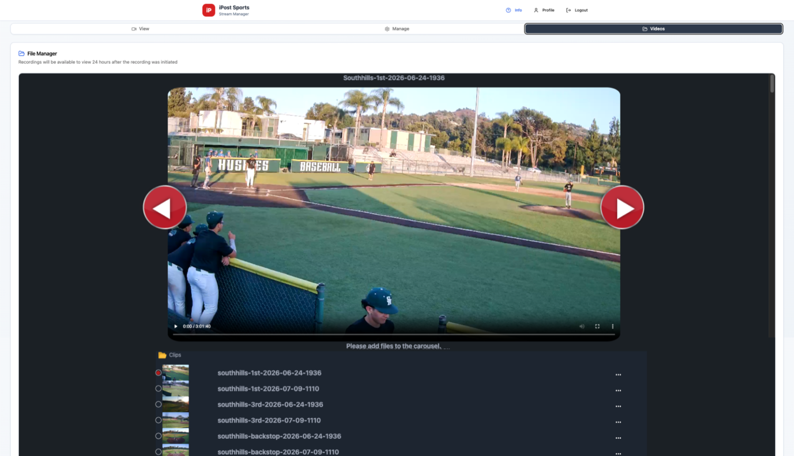 Stream Manager Videos tab: File Manager clip library with a recorded Southhills 1st-base video playing