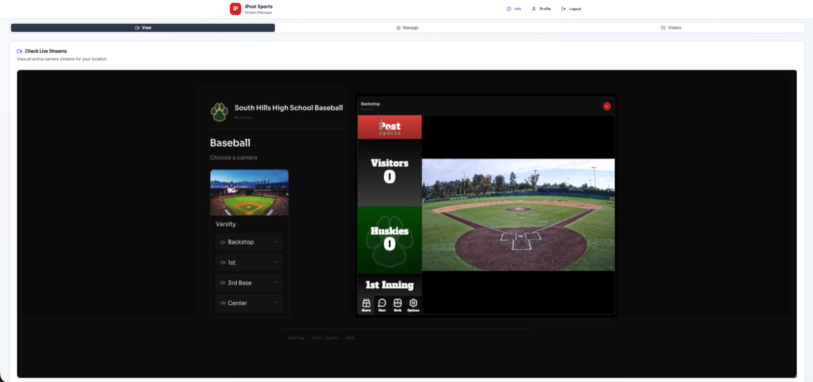 Stream Manager View tab: picking a camera angle for South Hills High School Baseball and watching the live Backstop stream with the scoreboard overlay